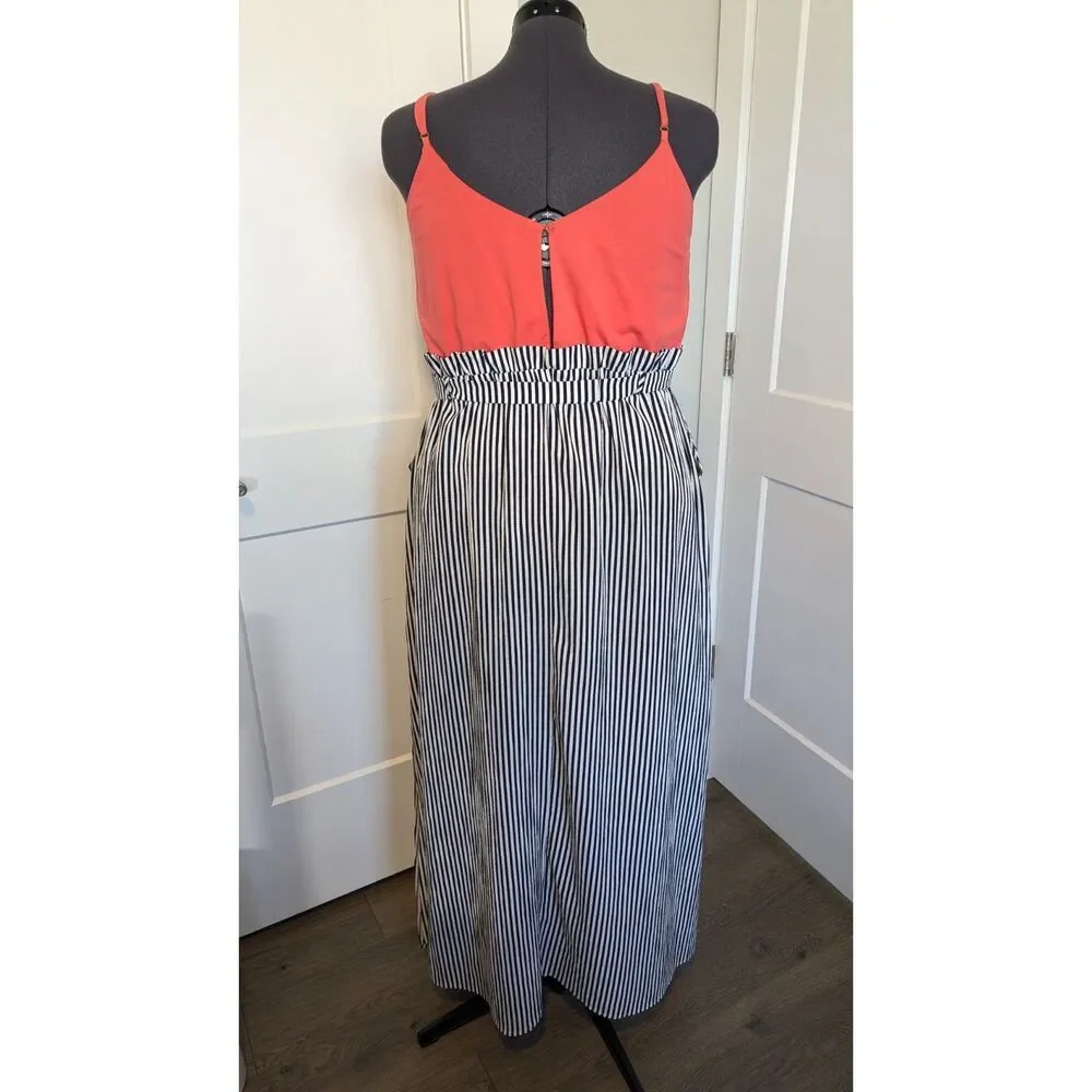 Main Strip Womens Maxi Dress Plus 2XL Paper Bag Waist Pink Orange Striped Black - Picture 7 of 8